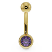 14K yellow gold belly button ring with purple CZ bezel ball setting, front view