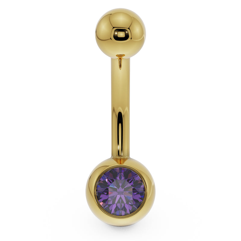 14K yellow gold belly button ring with purple CZ bezel ball setting, front view