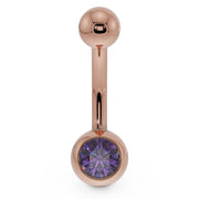 14K rose gold belly button ring with purple CZ bezel ball setting, front view