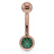 14K rose gold navel ring with green CZ in rounded bezel setting, front view