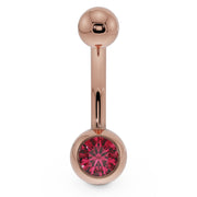 14K rose gold belly button ring with red CZ bezel setting, front view