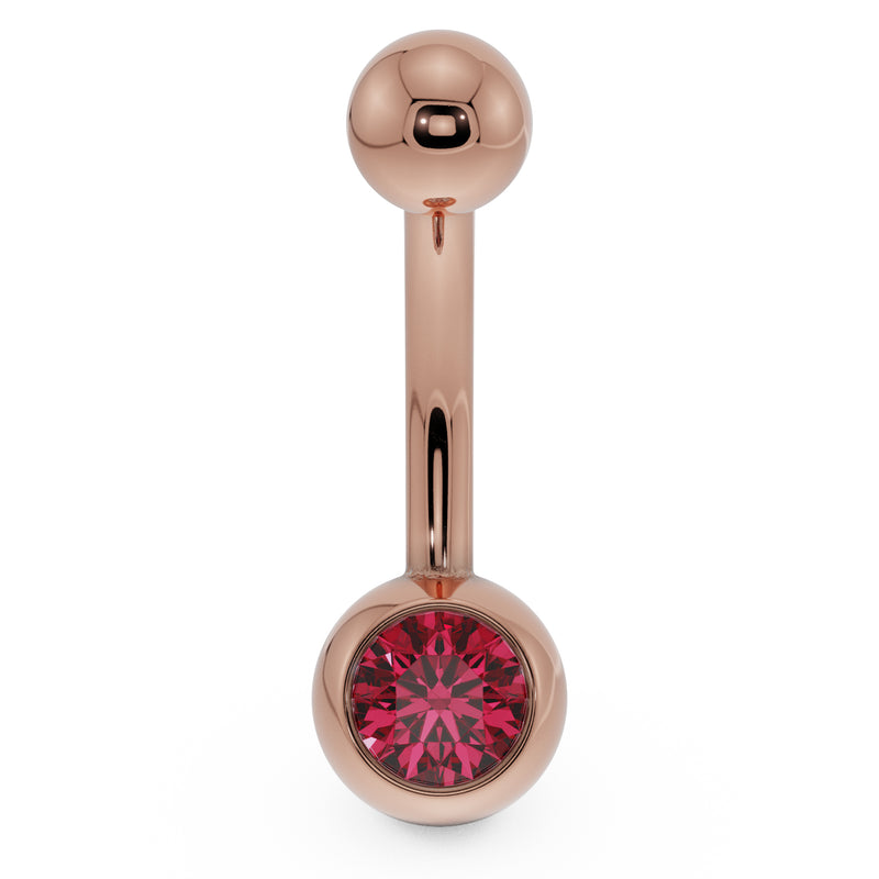 14K rose gold belly button ring with red CZ bezel setting, front view