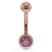 14K rose gold navel ring with pink CZ in rounded bezel ball setting, front view