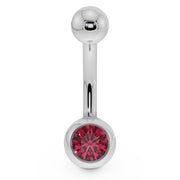 14K white gold navel ring with red CZ in rounded bezel ball, front view