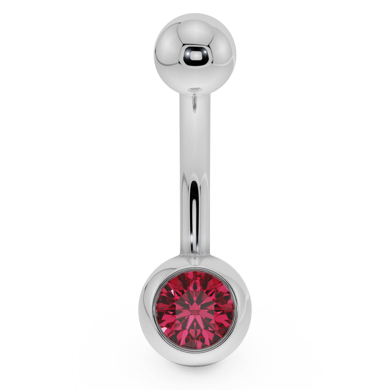 14K white gold navel ring with red CZ in rounded bezel ball, front view