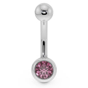 14K white gold belly button ring with pink CZ bezel ball setting, front view