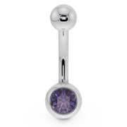 14K white gold belly button ring with purple CZ bezel setting, front view