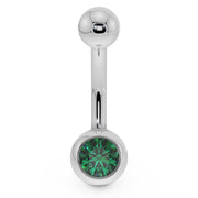 14K white gold belly button ring with green CZ bezel ball setting, front view