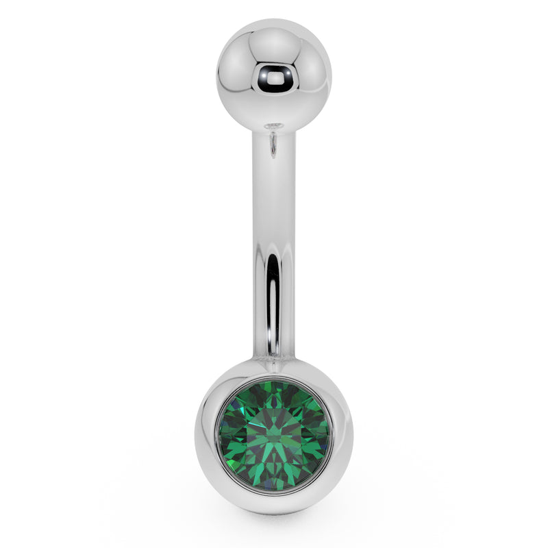 14K white gold belly button ring with green CZ bezel ball setting, front view