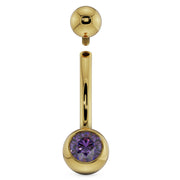 14K yellow gold belly ring with purple CZ showing internally threaded top ball detached