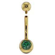 14K yellow gold belly ring with green CZ showing internally threaded top ball detached