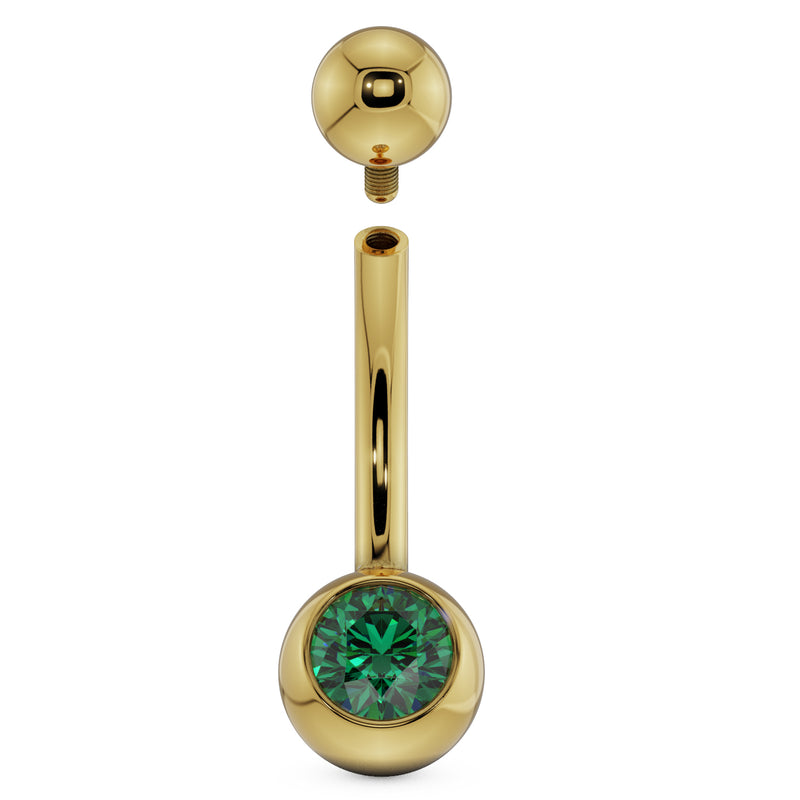 14K yellow gold belly ring with green CZ showing internally threaded top ball detached