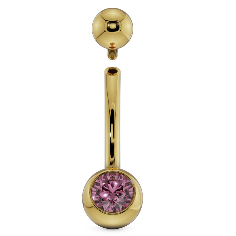 14K yellow gold belly ring with pink CZ showing internally threaded top ball removed