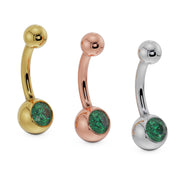 Green CZ 14K gold belly button ring shown in yellow, rose, and white gold side by side