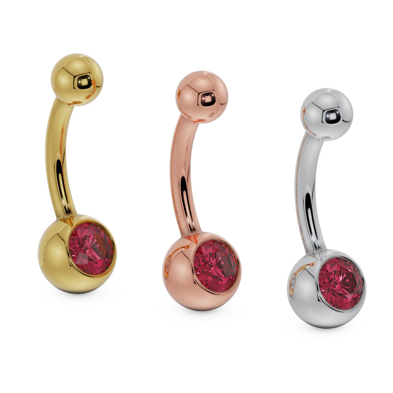 Red CZ 14K gold belly button ring shown in yellow, rose, and white gold side by side