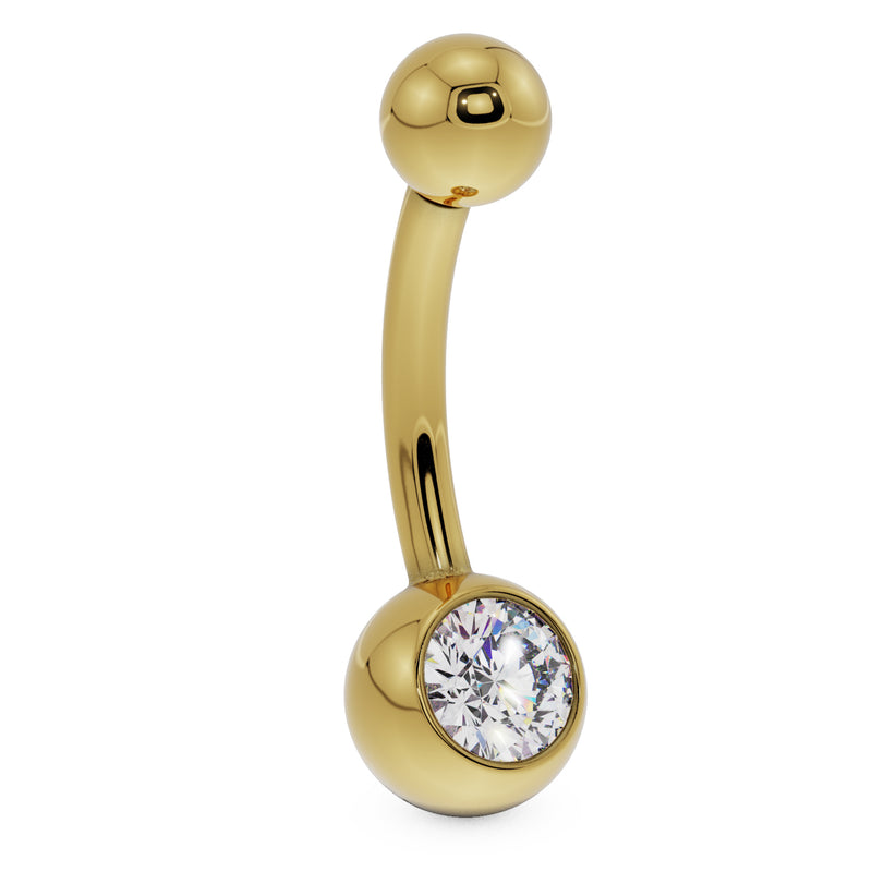Side profile of 14K yellow gold navel ring with clear CZ round bezel ball
