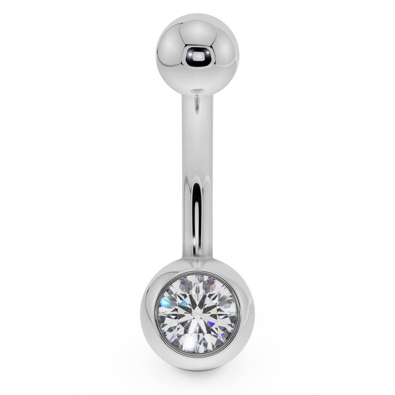 14K white gold belly button ring with clear CZ bezel setting, front view