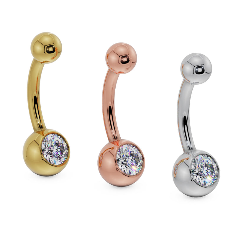 14K gold belly button ring with clear CZ shown in yellow, rose, and white gold options