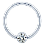 14K white gold fixed bead ring with bezel-set round diamond, front view