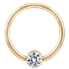 14K yellow gold fixed bead ring with bezel-set round diamond, front view