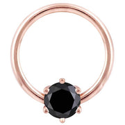 14K rose gold fixed bead ring with genuine black diamond in six-prong setting, front view