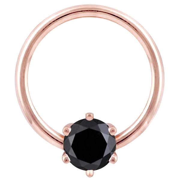 14K rose gold fixed bead ring with genuine black diamond in six-prong setting, front view