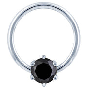 14K white gold fixed bead ring with round black diamond in six-prong setting