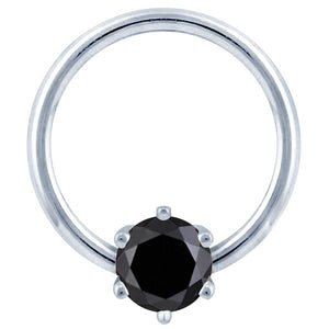 14K white gold fixed bead ring with round black diamond in six-prong setting
