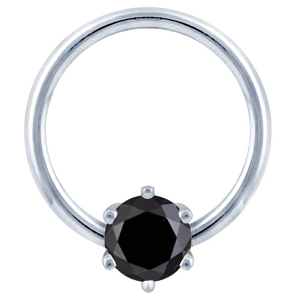 14K white gold fixed bead ring with round black diamond in six-prong setting