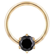 14K yellow gold fixed bead ring with six-prong black diamond, front view