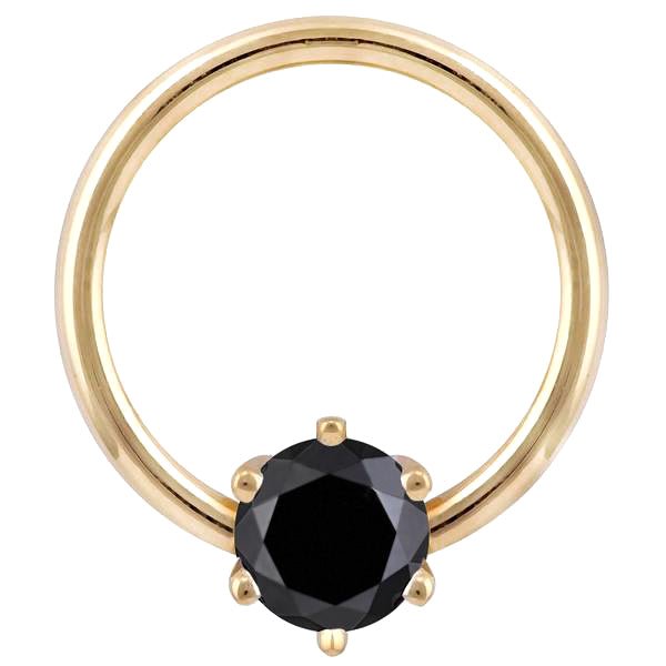14K yellow gold fixed bead ring with six-prong black diamond, front view