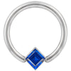 14k white gold fixed bead ring with large blue princess-cut CZ corner bezel, close-up front view