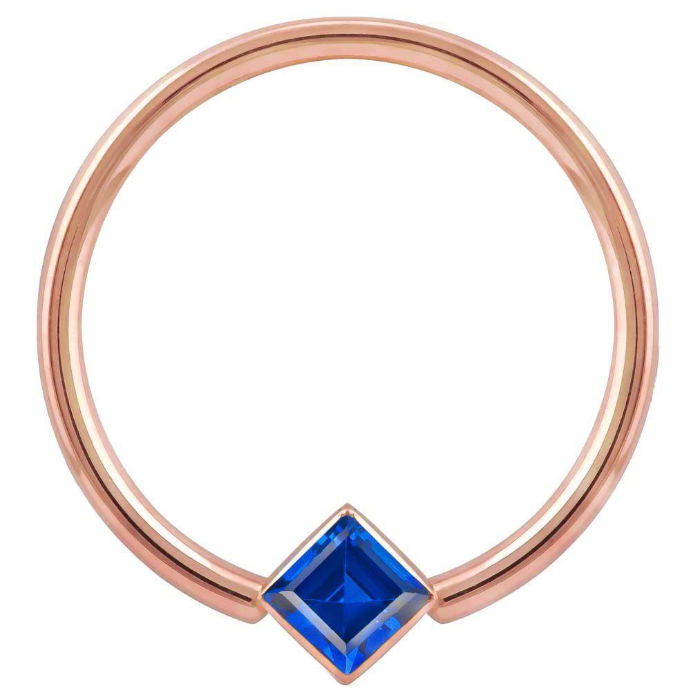Blue Cubic Zirconia Princess Cut Corner Mount 14k Gold Captive Bead Ring-14K Rose Gold   12G (2.0mm)   3 4" (19mm)