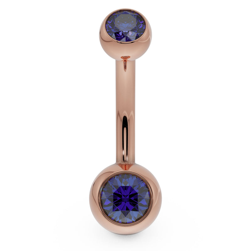 14k rose gold double CZ belly button ring with blue bezel-set stones, front view