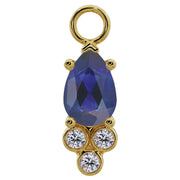 14K yellow gold pear-cut blue sapphire piercing charm with triple bezel-set diamond cluster, front view