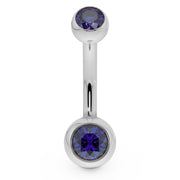14k white gold double CZ belly ring with blue bezel-set stones, front view
