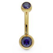 14k yellow gold double CZ belly ring with blue bezel-set stones, front view