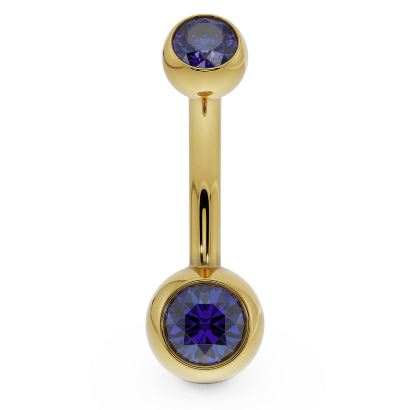 14k yellow gold double CZ belly ring with blue bezel-set stones, front view