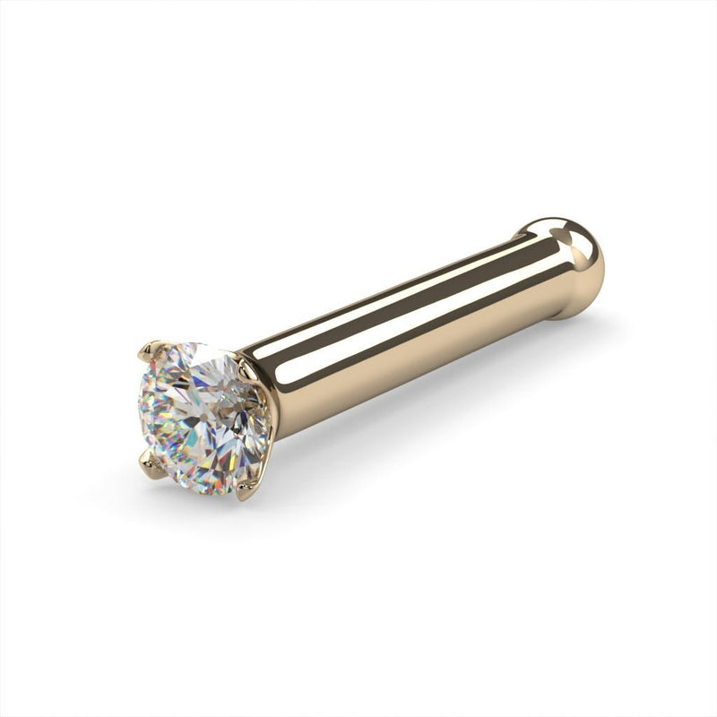 14k yellow gold 1.5mm diamond nose bone stud, 18G, angled view showing gold ball end