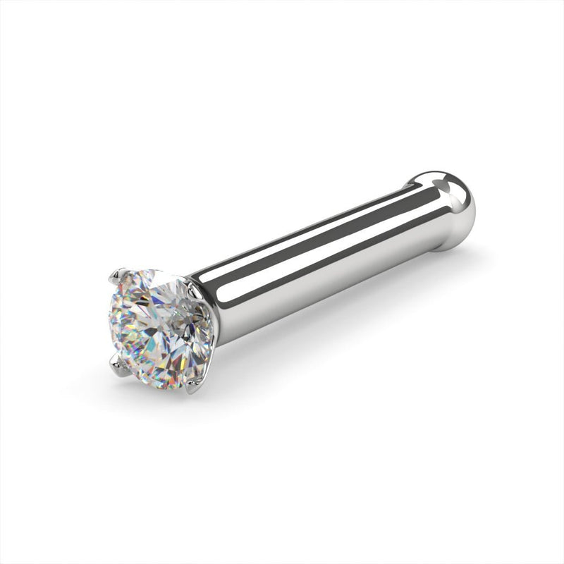 14k white gold 1.5mm diamond nose bone stud, 18G, angled view showing ball end and shaft