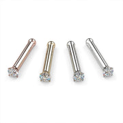 1.5mm diamond nose bone studs in rose gold, yellow gold, white gold, and platinum, side-by-side