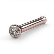 14k rose gold 1.5mm diamond bezel nose bone stud, angled view showing ball end and bezel setting