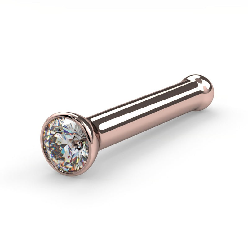 14k rose gold 1.5mm diamond bezel nose bone stud, angled view showing ball end and bezel setting