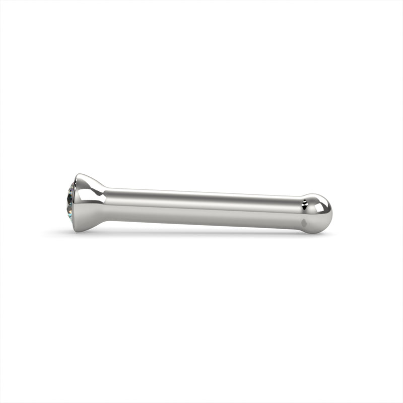 14k white gold 1.5mm diamond bezel nose bone stud, side profile showing straight post and ball end