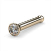 14k yellow gold 1.5mm diamond bezel nose bone stud, angled view with ball end and bezel setting