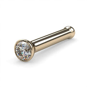 14k yellow gold 1.5mm diamond bezel nose bone stud, angled view with ball end and bezel setting