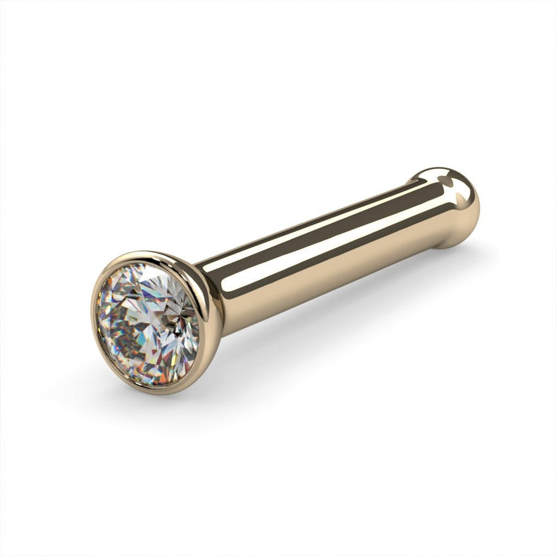 14k yellow gold 1.5mm diamond bezel nose bone stud, angled view with ball end and bezel setting