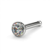 Platinum 2.5mm diamond bezel nose stud bone style, angled view showing ball end and flush setting