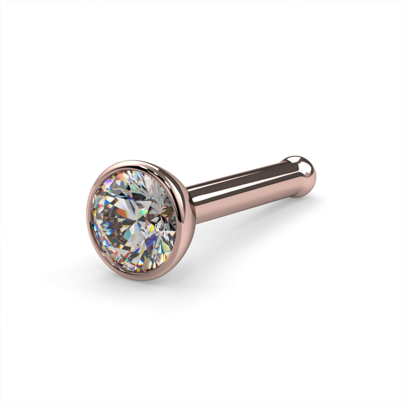 14k rose gold 2.5mm diamond bezel nose stud bone style with ball end, angled product view