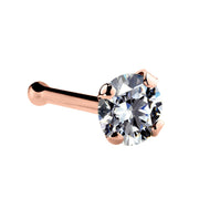 14k rose gold 2.5mm CZ nose bone, angled view showing rose gold ball end and 4-prong CZ setting